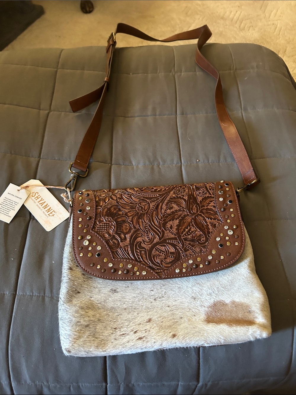Shyanne Brown Tooled Leather Flap & Cream-Brown Cowhide Crossbody